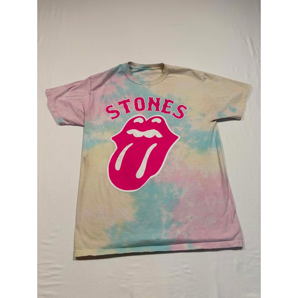 Rolling Stones Tie Dye Graphic T-Shirt Pink Tongue Logo Pastel Rock Tee Medium